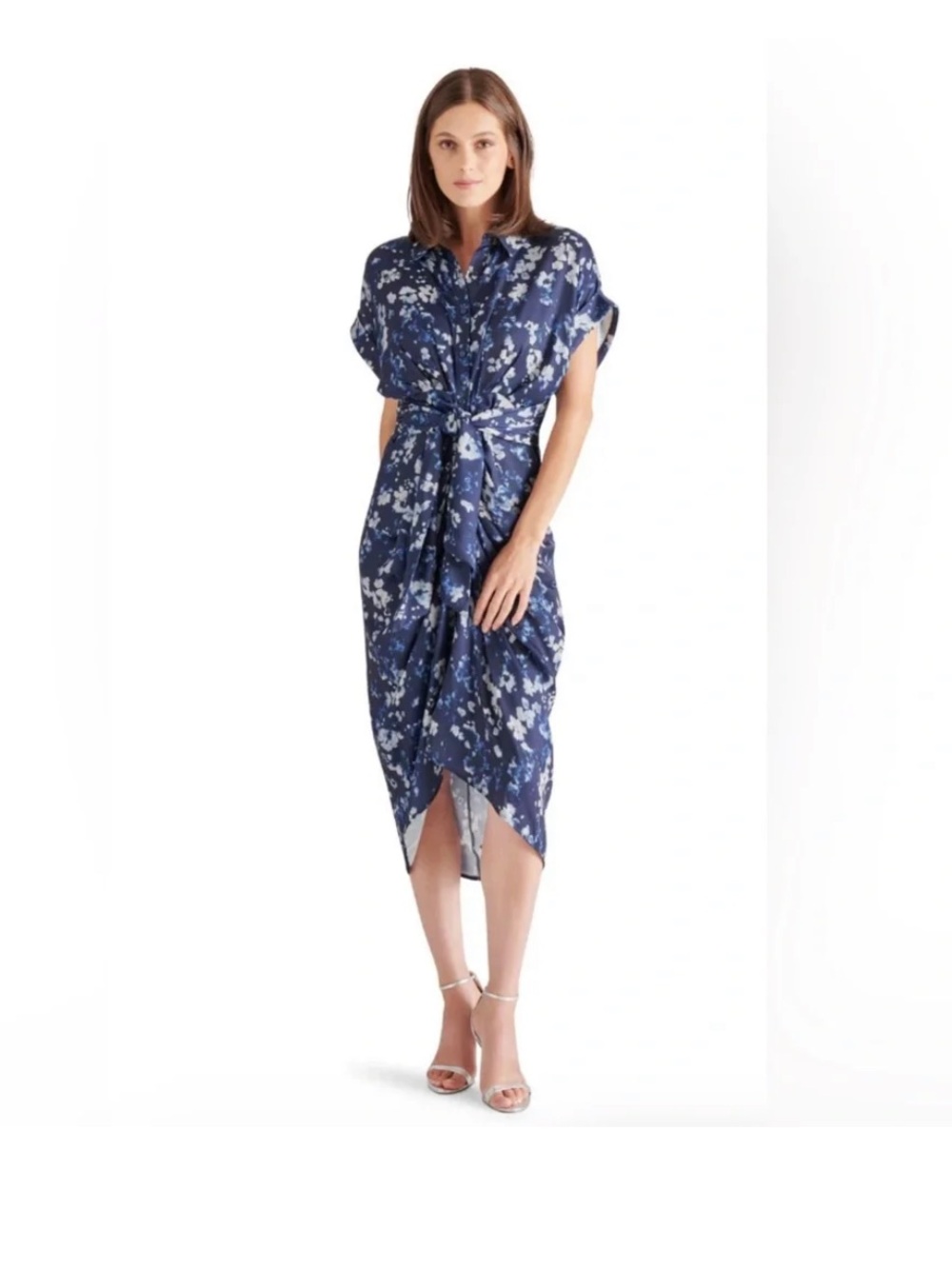 Steve Madden Navy Floral Collared Short Sleeve Midi Shirt Tori Dress